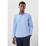 İmza Mavi Uzun Kol Düz Bez Ayağı Yarım Italyan Yaka Cepsiz Pamuklu Classic Slim Fit Gömlek 1004245268 - 2XL