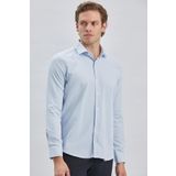 İmza Mavi Uzun Kol Kendinden Desenli Armürlü Yarım Italyan Yaka Classic Slim Fit Gömlek 1004240250