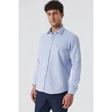 İmza Mavi Uzun Kollu Armürlü Cepsiz Pamuklu Likralı Slim Fit Dar Kesim Gömlek 1004240193 - Koyu Mavi