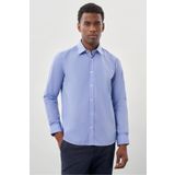 İmza Mavi Uzun Kollu Filafil Sert Yaka Cepsiz Pamuklu Basic Slim Fit Dar Kesim Gömlek 1004240008