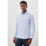 İmza Mavi Uzun Kollu Sert Yaka Cepsiz Pamuklu Likralı Klasik Slim Fit Dar Kesim Gömlek 1004245234