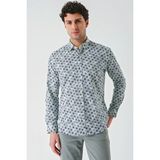 İmza Su Yeşili Uzun Kollu Baskılı Garnili Pamuklu Casual Slim Fit Dar Kesim Gömlek 1004240211