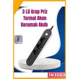 İn3dex 3 USB Çıkışlı Hızlı Şarj Anahtarlı Üçlü Priz 2m Kablo - Ahşap - Bej - Siyah
