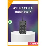 İn3dex 6'lı Prizli USB Type-C Hızlı Şarj Uzatma Kablosu Termal Koruma 2500W - 1 Adet