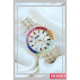 İn3dex Altın Metal Kordonlu Kadın Kol Saati Zirkon ve Renkli Taşlı 40MM - Altın - Siyah - 35 - 48 mm - Standart