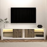 Inarch Aydos LED Işıklı Modern TV Sehpası – Cam Raflı, 2 Kapaklı, 180 cm, Beyaz/Antik Ceviz