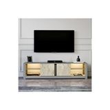 Inarch Aydos LED Işıklı Modern TV Sehpası – Cam Raflı, 2 Kapaklı, 180 cm, Gri/Traverten