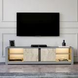 İnarch Dizayn Aydos LED Işıklı Modern TV Sehpası – Cam Raflı, 2 Kapaklı, 180 cm, Antik Ceviz, Gri/Traverten