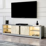 İnarch Dizayn Aydos LED Işıklı Modern TV Sehpası – Cam Raflı, 2 Kapaklı, 180 cm, Gri Traverten - Gri - Mermer