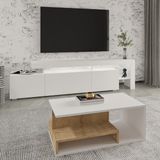 İnarch Dizayn Inarch Dizayn Beliz LED Işıklı Tv Sehpası ve Vera Orta Sehpa Set - Oturma Odası Modern Takım - Beyaz - Safir Meşe