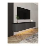 İnarch Dizayn Neon Led Işıklı Duvara Monte, 3 Kapaklı Tv Sehpası – 160 Cm - Modern Tasarım, Antrasit(Mermer Desen)