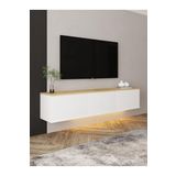 İnarch Dizayn Neon Led Işıklı Duvara Monte, 3 Kapaklı Tv Sehpası – 160 Cm - Modern Tasarım, Beyaz/Safir Meşe