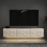 İnarch Dizayn Neon LED Işıklı Duvara Monte, 3 Kapaklı TV Sehpası – 160 cm - Modern Tasarım Traverten