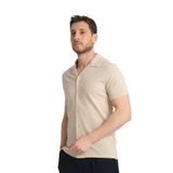İnce Apaç Yaka Erkek Kısa Kol Waffle Spor Gömlek Cepli Standart Fit Açık Bej 2XL