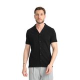 İnce Apaç Yaka Erkek Kısa Kol Waffle Spor Gömlek Cepli Standart Fit Siyah 2XL