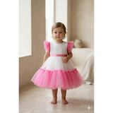 Ince Bebe Kız Bebek Fuşya Tüllü Abiye Elbise Fırfır Kollu Kat Kat Etekli 3-24 Ay - Pembe - 9 - 12 Ay