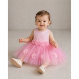 Ince Bebe Kız Bebek Pudra Pembe Çiçek Detaylı Tül Abiye Elbise 3-24 Ay - 9 - 12 Ay