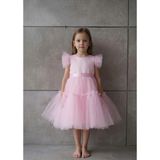 Ince Bebe Kız Bebek Tül Abiye Elbise Fırfır Kollu Kat Kat Etekli 1-5 Yaş - Pembe - 3 Yaş