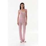 Ince Çizgili Askılı Dantelli Pijama Takımı - Pembe - XL