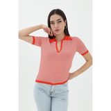 Ince Çizgili Polo Yaka Triko Kazak - Turuncu - Standart
