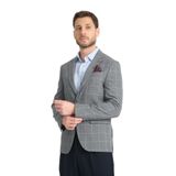 İnce Ekose Desenli Spor Erkek Blazer Mono Yaka Tam Astar Ceket Ekru 48/6