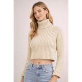 İnce Moda Giyim Kadın Balıkçı Yaka Crop Triko Kazak - Krem - Standart
