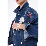 İnci Türkay Kadın Tasarım Denim Ceket Taş Boncuk Işleme Detaylı Mavi Marin Desen Oversize Kalıp Bomber Mont - 36