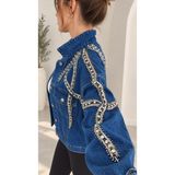 İnci Türkay Kadın Tasarım Denim Ceket Taş Boncuk Işleme Detaylı Mavi Şerit Desen Oversize Kalıp Bomber Mont