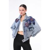 İnci Türkay Kadın Tasarım Denim Ceket Taş Boncuk Payet Işleme Detaylı Mavi Oversize Kalıp Bomber Montkadın Tasarım Denim Ceket Taş Boncuk Payet Işleme Detaylı Mavi Oversize Kalıp Bomber Mont - XL