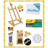 İnci Tuval Elit Kayın 80CM Masaüstü Şövale Başlangıç Seti Yağlı Boya Fırça Spatula Palet Seti