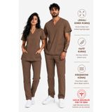 İNCİ ÜNİFORMA Kahve Likralı Scrubs Takım Kadın Erkek Hemşire Doktor Forması V Yaka Medikal Üniforma