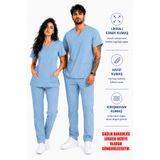 İNCİ ÜNİFORMA Mavi Likralı Scrubs Takım Kadın Erkek Hemşire Doktor Forması V Yaka Medikal Üniforma