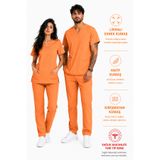 İNCİ ÜNİFORMA Turuncu Likralı Scrubs Takım Kadın Erkek Hemşire Doktor Forması V Yaka Medikal Üniforma