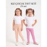İncili 2'li Kız Çocuk Tayt Seti Pembe Pudra Kalp Desenli Pamuklu - Pudra - Pembe