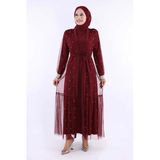 İncili Abaya Ve Elbise Takım 8491 Bordo