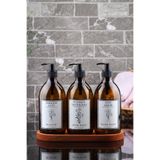 İncili Home 3' Lü Amber Renk Ahşap Stantlı Cam Bulaşık Sabunu Çamaşıyr Suyu ve Sıvı Sabun Şişesi 500 ml 3'lü Set