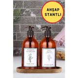 incili home Ahşap Stantlı 2'li Amber Cam Sıvı Sabun Bulaşık Deterjanı Şişesi Sabunluk 500ml Sb-bb