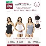 İncili Kadın Ribana Pamuklu Dantelli Ip Askılı Atlet 3'lü Set Avantaj Paketi L - Siyah - Beyaz - Mavi - Gri - XL