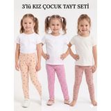 İncili Kız Çocuk 3'lü Esnek Tayt Seti - Kalp, Gökkuşağı Desenli (Somon, Pembe, Gülkurusu) Tayt - Pudra - Pembe - Gül Kurusu - 2