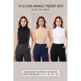 İncili Tekstil Kadın Basic 3'lü Kadın Kolsuz Balıkçı Yaka Pamuklu Tişört Seti (Siyah-Ten-Beyaz) - 3XL