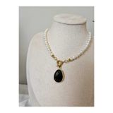 İNCİORA JEWELRY Gemici Kilitli Kişiselleştirilebilir Doğal Gerçek İnci Kolye Obsidyen gemici1