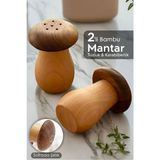 İndecor Houseware 2'li Mantar Şekilli Bambu Tuzluk ve Biberlik Seti – Doğal Ahşap Mantar Tasarımlı Baharatlık - Beyaz - 100 ml