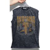 Indiana Yazılı Yıkamalı Kolsuz Tişört, Unisex Basketbol Temalı Sıfır Kollu Vintage Atlet - Siyah - 2XL