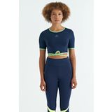 İndigo Bel Bağlama Detaylı O Yaka Standart Kalıp Dalgıç Kumaş Kadın Crop T-Shirt - 97266