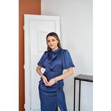 İndigo Büzgülü Saten Elbise