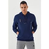 İndigo Erkek Nakışlı Kanguru Cep Standart Kalıp Kapüşonlu Sweatshirt-87839