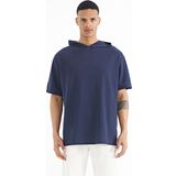 İndigo Kapüşonlu Kol Etiket Detaylı Oversize Erkek T-shirt - 88179