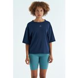 İndigo O Yaka Baskı Detaylı Oversize Kısa Kol Kadın T-Shirt - 97263