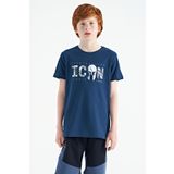 İndigo Ön Yazı Nakışlı O Yaka Standart Kalıp Erkek Çocuk T-Shirt - 11118