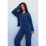 Indigo V Yaka Triko Kadın Kazak MG2501 - İndigo - XL